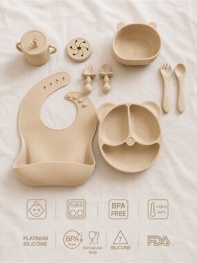 Neutral Beige Silicone Baby Feeding Bib & Mealtime Set